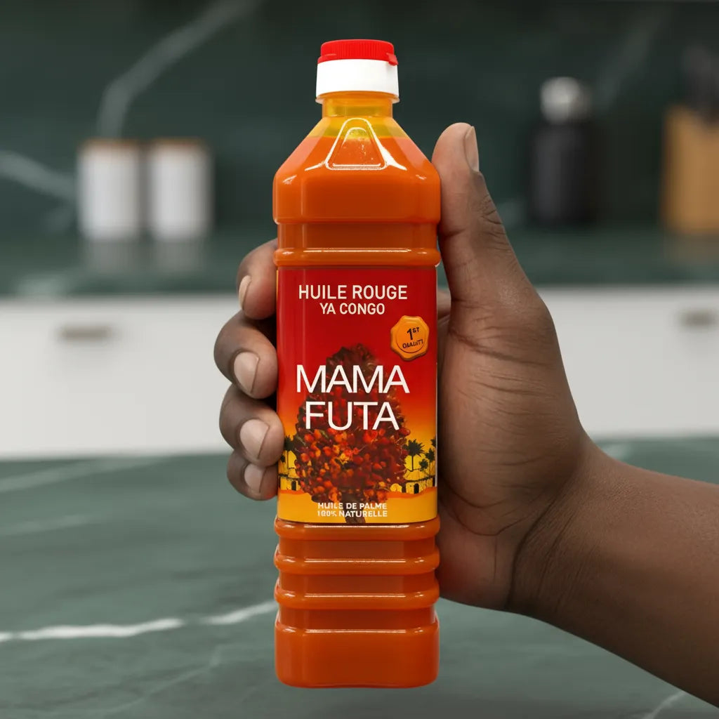 Main tenant une bouteille d'huile de palme MAMA FUTA. Produit d'épicerie salée pratique pour la cuisine quotidienne.